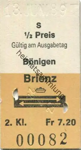 Schweiz - Bönigen Brienz und zurück - Fahrkarte 1/2 Preis 1989