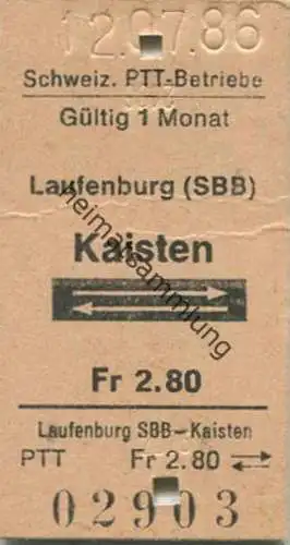 Schweiz - Schweizerische PTT-Betriebe - Laufenburg (SBB) Kaisten und zurück - Postauto-Fahrkarte 1986