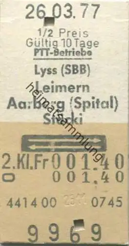 Schweiz - PTT-Betriebe - Lyss SBB Leimern Aarberg (Spital) Stücki und zurück - Fahrkarte 1/2 Preis 1977