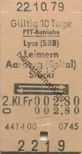 Schweiz - PTT-Betriebe - Lyss SBB Leimern Aarberg (Spital) Stücki und zurück - Fahrkarte 1979