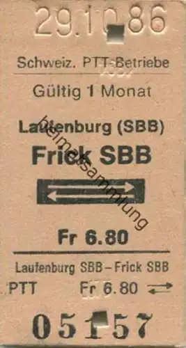 Schweiz - PTT-Betriebe - Laufenburg (SBB) Frick SBB und zurück - Fahrkarte 1986