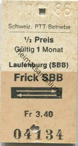 Schweiz - PTT-Betriebe - Laufenburg (SBB) Frick SBB und zurück - Fahrkarte 1/2 Preis 1986