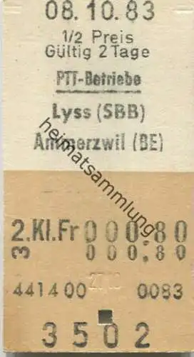 Schweiz - Schweizerische PTT-Betriebe - Lyss (SBB) Ammerzwil (BE) - Fahrkarte 1/2 Preis 1983