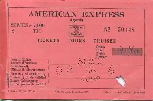 American Express Agents - British Railways - London Waterloo Portsmouth Harbour - Fahrkarte 3rd Class 1956