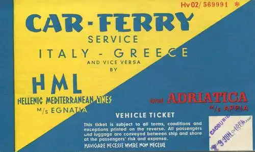 Car-Ferry service Italy Greece - HML Hellenic Mediterranean Lines M/S Egnatia and Adriatica M/S Appia - Vehicle Ticket 1
