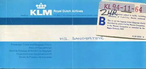 KLM Royal Dutch Airlines 1978 - Rio de Janeiro Amsterdam Zürich