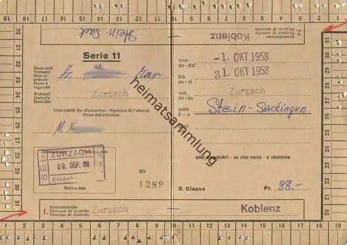 Schweiz - Persönliches Abonnement Serie 11 Zurzach Stein-Säckingen - Fahrkarte 1959