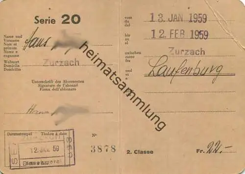 Schweiz - Persönliches Schüler- und Lehrlingsabonnement Serie 20 - Zurzach Laufenburg - Fahrkarte 1959