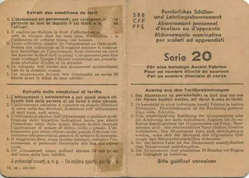 Schweiz - Persönliches Schüler- und Lehrlingsabonnement Serie 20 - Zurzach Laufenburg - Fahrkarte 1959