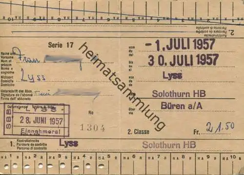 Schweiz - Persönliches Abonnement Serie 17 - Lyss Solothurn HB über Büren a/A - Fahrkarte 1957