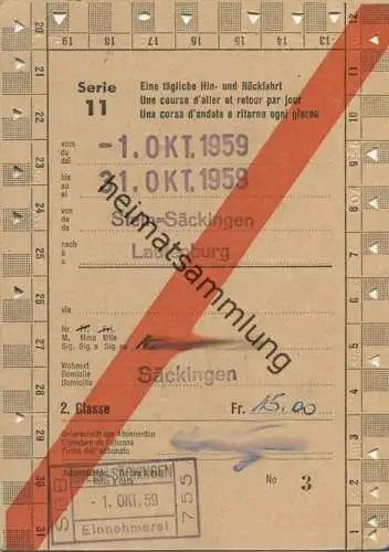 Schweiz - Allgemeines Abonnement Serie 11 - Stein-Säckingen Laufenburg - Fahrkarte 1959
