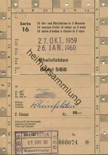 Schweiz - Allgemeines Abonnement Serie 16 - Rheinfelden Basel SBB - Fahrkarte 1959
