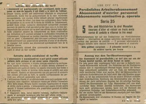 Schweiz - Persönliches Abonnement Serie 35 - Seuzach Zurzach über Winterthur - Fahrkarte 3. Kl. 1953