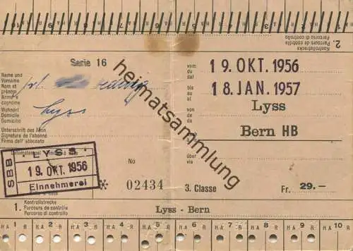 Schweiz - Persönliches Abonnement Serie 16 - Lyss Bern HB - Fahrkarte 3. Kl. 1956