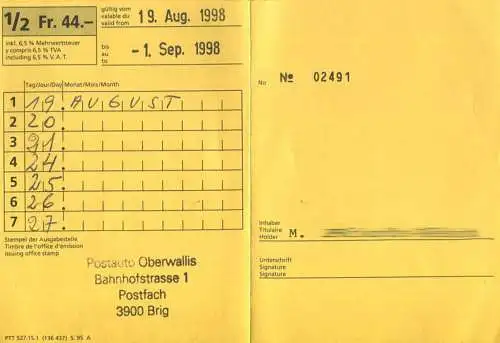 Schweiz - Postauto - Oberwallis Ferienkarte - Fahrkarte 1/2 Taxe 1998