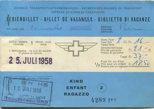 Schweiz - Ferienbillet - Ausgestellt in Bern 1958 - Fahrschein Kind