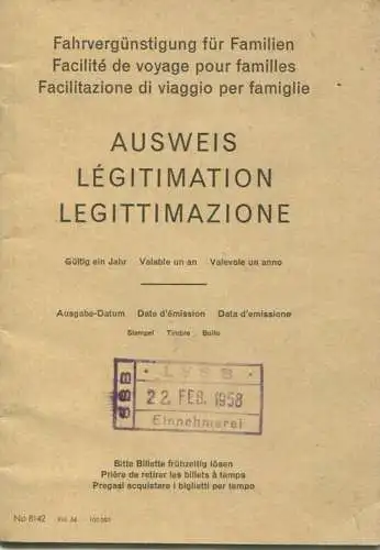 Schweiz - Fahrvergünstigung für Familien - Ausweis Gültig für ein Jahr 1958