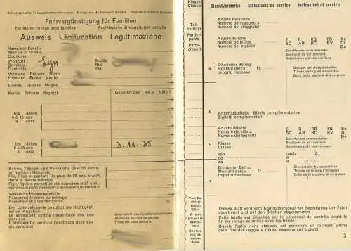 Schweiz - Fahrvergünstigung für Familien - Ausweis Gültig für ein Jahr 1958