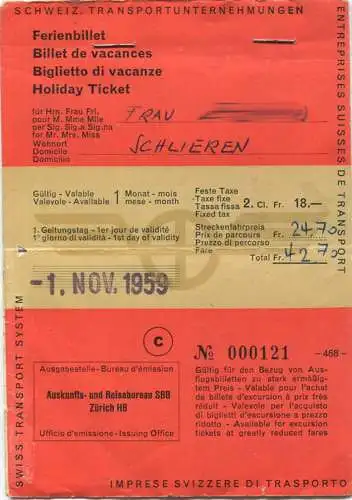 Schweiz - Ferienbillet 1959 - Ausgestellt in Zürich - Fahrschein gültig 1 Monat