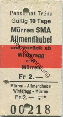 Schweiz - Mürren SMA Allmendhubel und zurück ab Winteregg nach Mürren - Fahrkarte Pensionat Tréna 1971