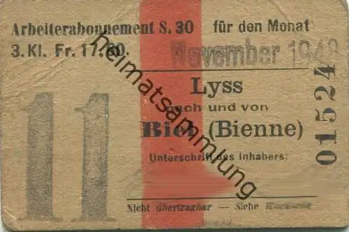 Schweiz - Arbeiterabonnement - Lyss nach und von Biel (Bienne) - Fahrkarte 3. Kl. Serie 30 1948