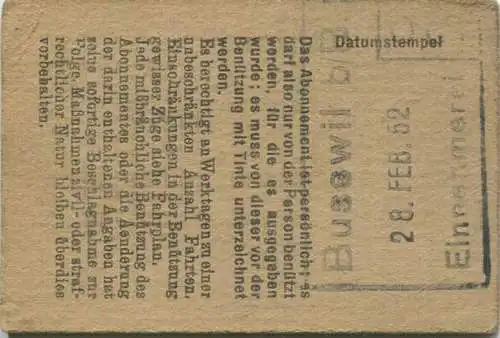 Schweiz - Persönliches Arbeiterabonnement - Busswil nach und von Biel (Bienne) - Fahrkarte 3. Kl. Serie 30 1952