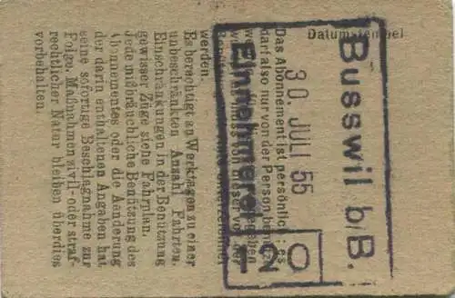Schweiz - Persönliches Arbeiterabonnement - Busswil nach und von Biel/Bienne - Fahrkarte 3. Kl. Serie 30 1955