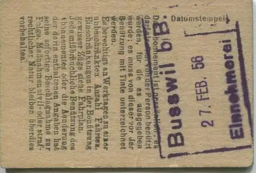 Schweiz - Persönliches Arbeiterabonnement - Busswil nach und von Biel/Bienne - Fahrkarte 3. Kl. Serie 30 1956