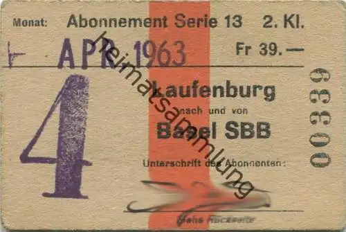 Schweiz - Abonnement - Laufenburg nach und von Basel SBB - Fahrkarte 2. Kl. Serie 13 1963