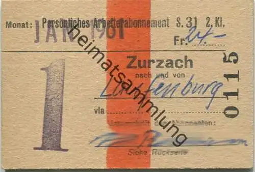 Schweiz - Persönliches Arbeiterabonnement - Zurzach nach und von Laufenburg - Fahrkarte 2. Kl. Serie 31 1961