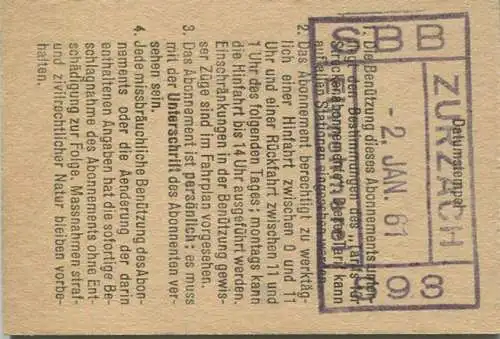 Schweiz - Persönliches Arbeiterabonnement - Zurzach nach und von Laufenburg - Fahrkarte 2. Kl. Serie 31 1961