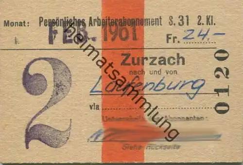 Schweiz - Persönliches Arbeiterabonnement - Zurzach nach und von Laufenburg - Fahrkarte 2. Kl. Serie 31 1961
