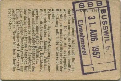 Schweiz - Persönliches Arbeiterabonnement - Busswil nach und von Biel/Bienne - Fahrkarte 2. Kl. Serie 30 1957