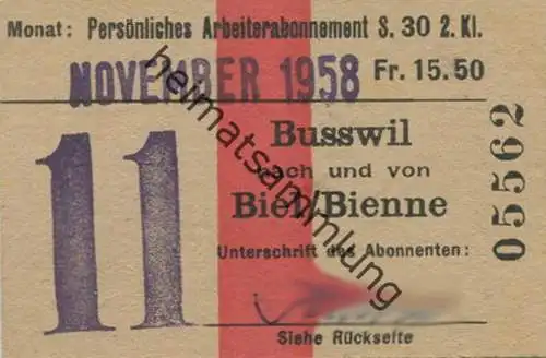 Schweiz - Persönliches Arbeiterabonnement - Busswil nach und von Biel/Bienne - Fahrkarte 2. Kl. Serie 30 1958