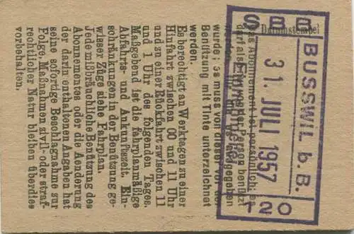 Schweiz - Persönliches Arbeiterabonnement - Busswil nach und von Biel/Bienne - Fahrkarte 2. Kl. Serie 31 1957