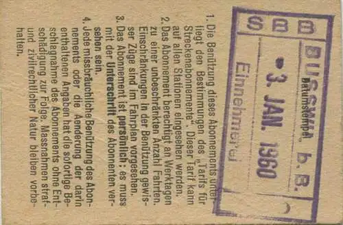 Schweiz - Persönliches Arbeiterabonnement - Busswil nach und von Biel/Bienne - Fahrkarte 2. Kl. Serie 30 1960