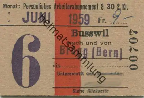 Schweiz - Persönliches Arbeiterabonnement - Busswil nach und von Brügg (BE) - Fahrkarte 2. Kl. Serie 30 1959