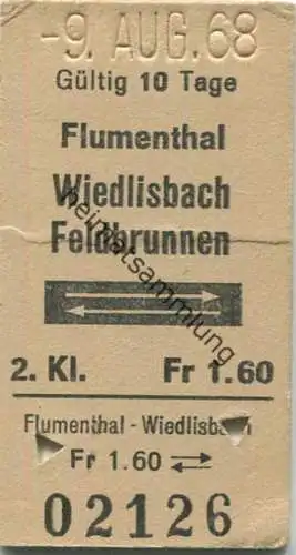 Schweiz - Flumenthal Wiedlisbach Feldbrunnen und zurück - Fahrkarte 1968