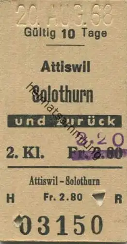 Schweiz - Attiswil Solothurn und zurück - Fahrkarte 1968