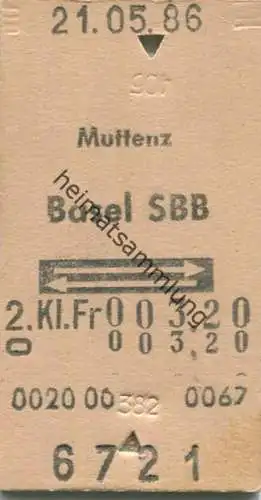 Schweiz - Muttenz Basel SBB und zurück - Fahrkarte 1986