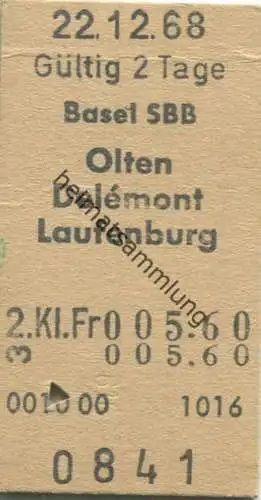 Schweiz - Basel SBB Olten Delemont Laufenburg - Fahrkarte 1968