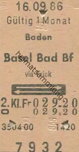 Schweiz - Baden Basel Bad Bf via Frick und zurück - Fahrkarte 1986