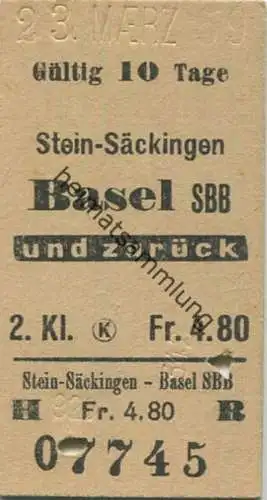 Schweiz -Stein-Säckingen Basel SBB und zurück - Fahrkarte 1959