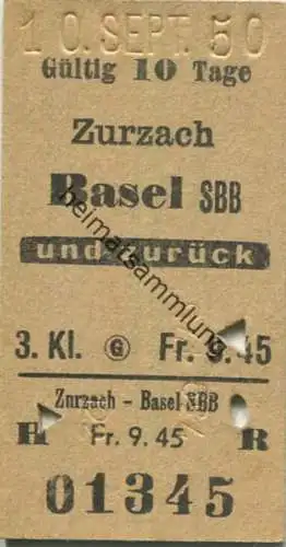 Schweiz - Zurzach Basel SBB und zurück - Fahrkarte 3. Kl. 1950