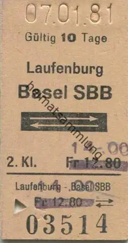 Schweiz - Laufenburg Basel SBB und zurück - Fahrkarte 1981