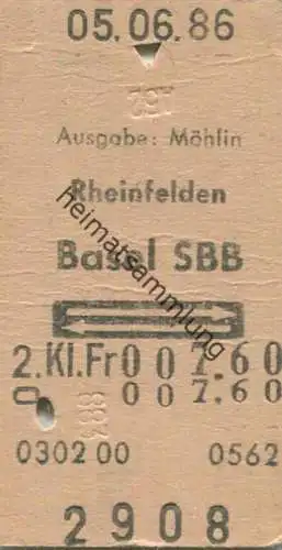 Schweiz - Rheinfelden Basel SBB und zurück - Ausgabe: Möhlin - Fahrkarte 1986