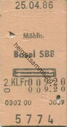 Schweiz - Möhlin Basel SBB und zurück - Fahrkarte 1986