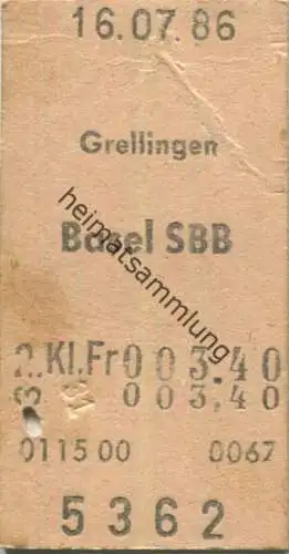 Schweiz - Grellingen Basel SBB - Fahrkarte 1986