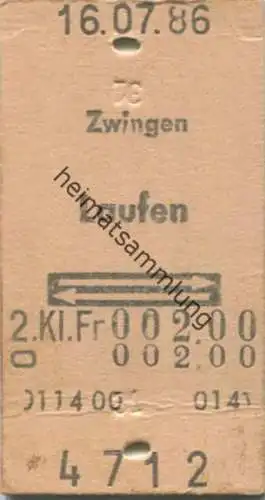 Schweiz - Zwingen Laufen und zurück - Fahrkarte 1986