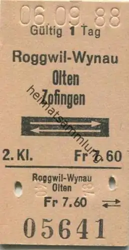 Schweiz - Roggwil-Wynau Olten Zofingen - Fahrkarte 1988
